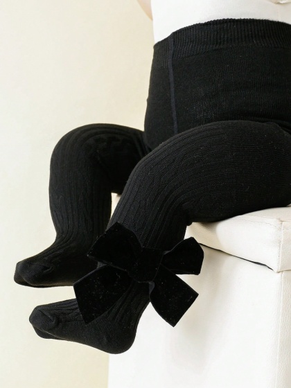 1 para legginsów z bocznym kokardką dla dziewczynek w wieku 1-3 lat, miękkie, elastyczne spodnie z bawełny dla niemowląt,