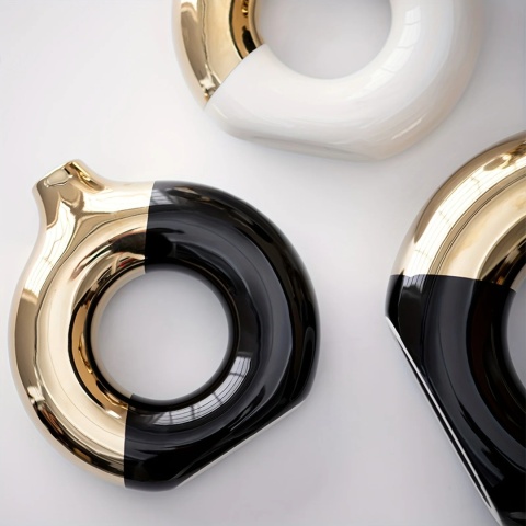 Modny, nowoczesny wazon ceramiczny, czarno-złoto-biały - geometryczny wzór, dekoracja domu | nadaje się do suszonych kwiatów