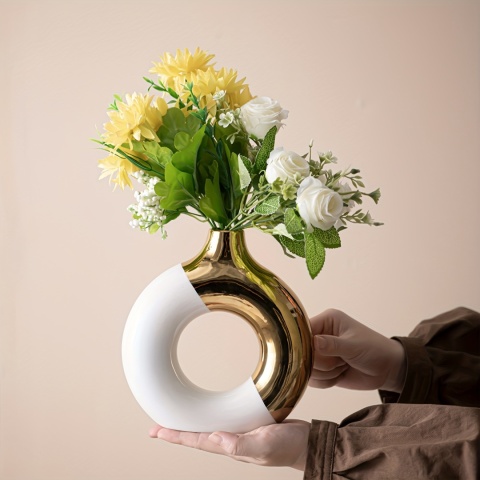 Modny, nowoczesny wazon ceramiczny, czarno-złoto-biały - geometryczny wzór, dekoracja domu | nadaje się do suszonych kwiatów