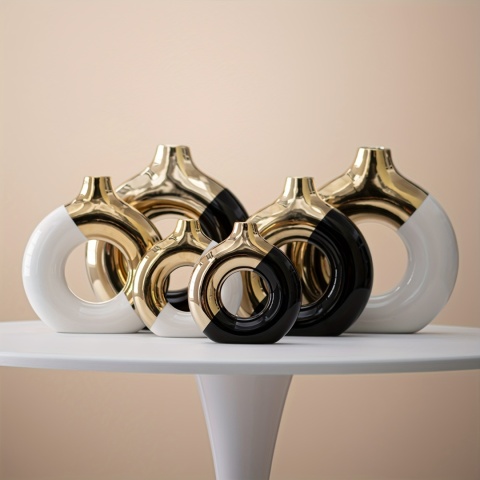 Modny, nowoczesny wazon ceramiczny, czarno-złoto-biały - geometryczny wzór, dekoracja domu | nadaje się do suszonych kwiatów