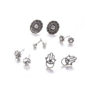 ZESTAW 5 PAR KOLCZYKÓW BOHO KRYSZTAŁKI HAMSA SREBRNE K893