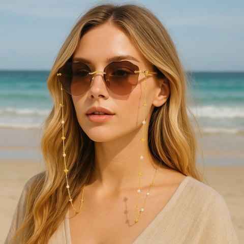 Łańcuszek do okularów cienki złoty gwiazdki perły 72cm LDK09