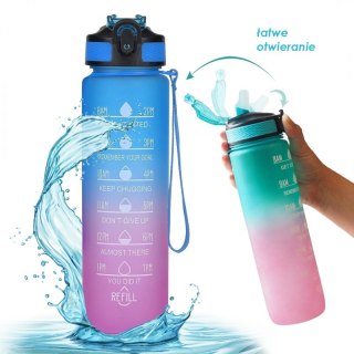 Butelka na wodę, bidon z miarką i słomką 1L OMBRE Niebieski z Fuksją BD18
