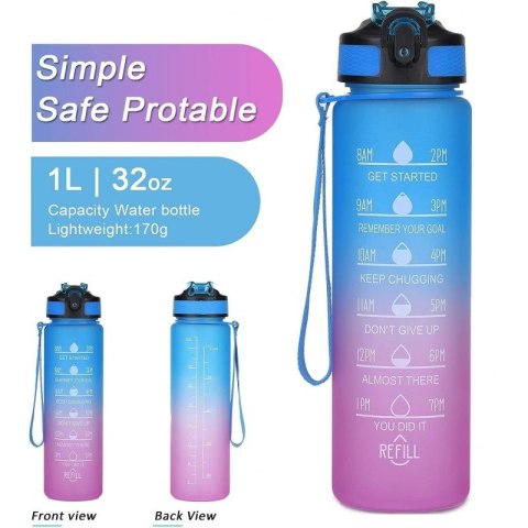 Butelka na wodę, bidon z miarką i słomką 1L OMBRE Zieleń z Różem BD19