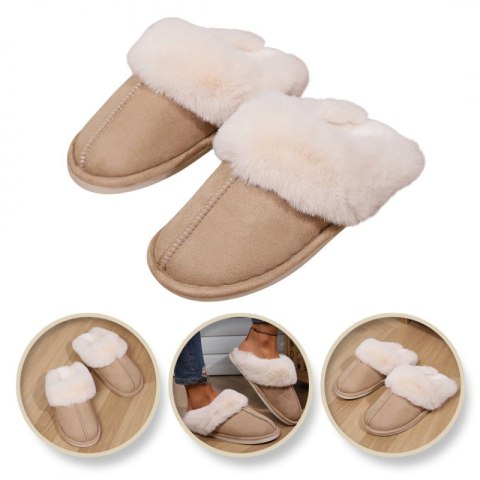 Ciepłe kapcie ocieplane beżowe z futerkiem, antypoślizgowe PAN01R39, rozmiar 39