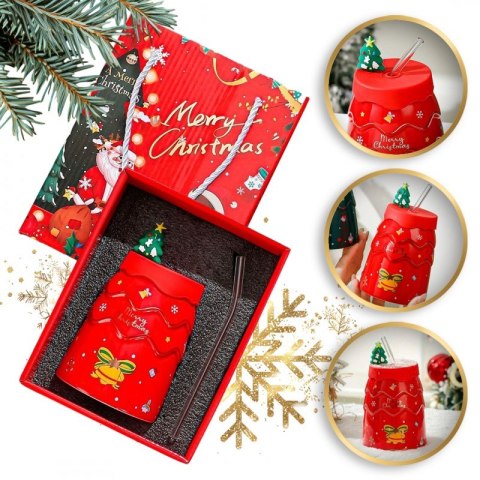 KUBEK ŚWIĄTECZNY - zestaw z silikonową pokrywką i rurką 400ml, czerwony KB06CZE