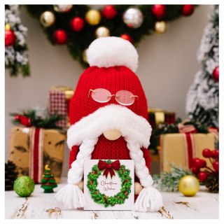 Krasnal Skrzat stojący czerwony w okularach Boże Narodzenie 24cm KSN167
