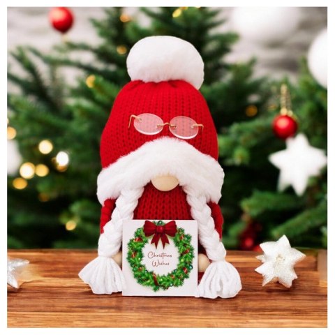 Krasnal Skrzat stojący czerwony w okularach Boże Narodzenie 24cm KSN167