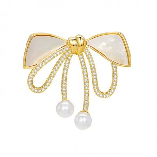 Broszka ozdobna złota KOKARDKA masa perłowa i cyrkonie BZ197