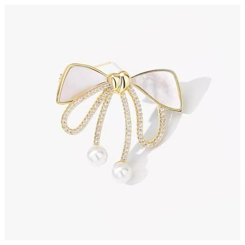 Broszka ozdobna złota KOKARDKA masa perłowa i cyrkonie BZ197