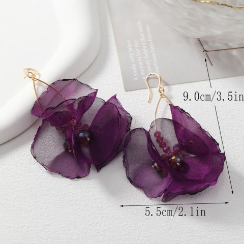Kolczyki wiszące, efektowne tiulowe z koralikami fioletowe K1701