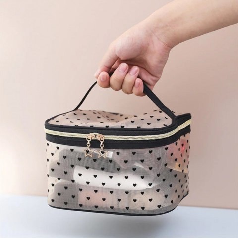 Kosmetyczka damska kuferek transparentna czarne serca 12x21x13cm KS125
