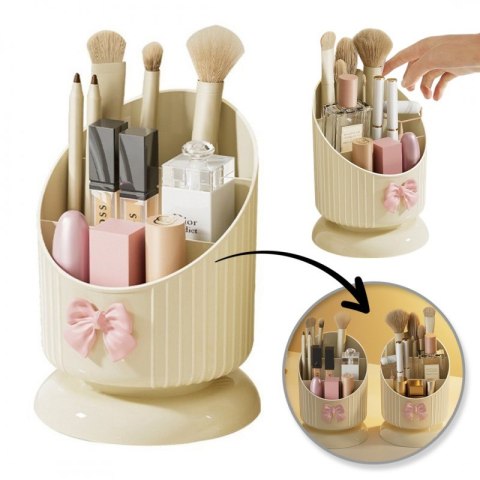 Organizer na pędzle, Kremowy z różową KOKARDKĄ 15,8 x 11 cm CB67