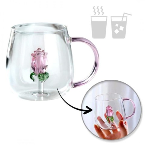 Szklanka ze szklanym tulipanem w środku, różowa rączka 400ml - SZK129