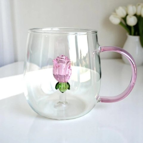Szklanka ze szklanym tulipanem w środku, różowa rączka 400ml - SZK129