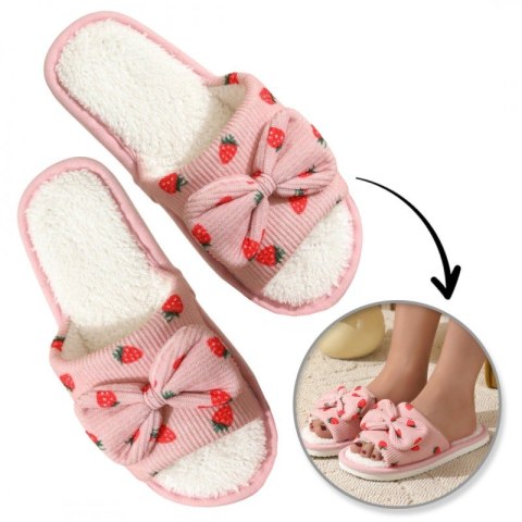 Kapcie ocieplane z kokardą, TRUSKAWKI, antypoślizgowe PAN05R39, rozmiar 39