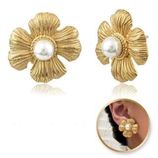 Kolczyki KWIATY ze stali szlachetnej platerowane 14k złotem, sztyft perły KST3323