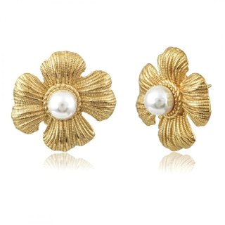 Kolczyki KWIATY ze stali szlachetnej platerowane 14k złotem, sztyft perły KST3323