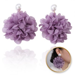 Kolczyki wiszące, efektowne tiulowe kwiat z perła, sztyft fiolet K1709