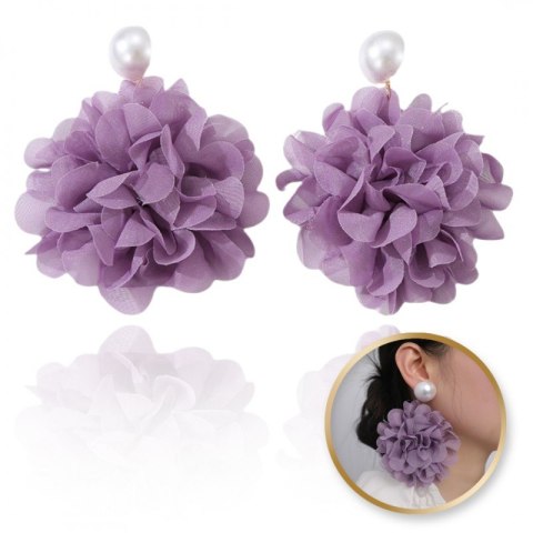 Kolczyki wiszące, efektowne tiulowe kwiat z perła, sztyft fiolet K1709