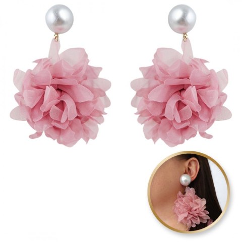 Kolczyki wiszące, efektowne tiulowe kwiat z perła, sztyft krem K1710