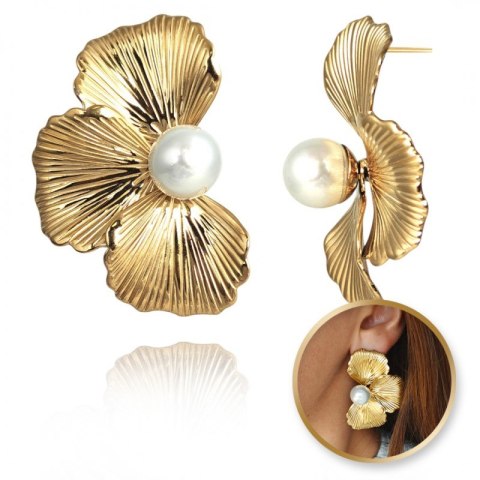 Kolczyki ze stali szlachetnej platerowane 14k złotem KWIAT perełki KST3360