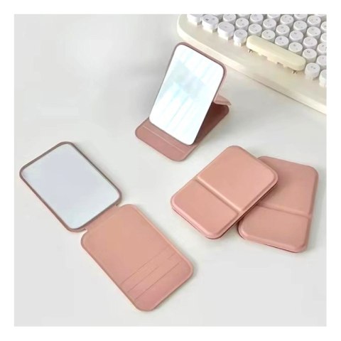 Lusterko kosmetyczne z ekoskóry, otwierane, stojące, do torebki różowe L17R