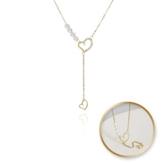 Naszyjnik stal szlachetna pozłacana 14k złotem, SERCA z cyrkoniami, perły NST2172