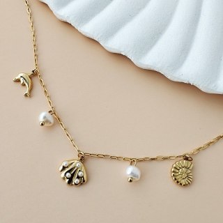 Bransoletka na stopę stal chirurgiczna pozłacana 14k złotem, muszle perły - BST1562