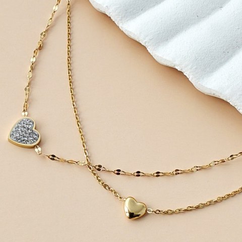 Bransoletka podwójna na rękę stal chirurgiczna pozłacana 14k złotem, serca, cyrkonie - BST1549