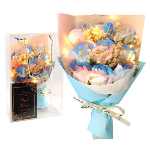 Bukiet zapachowych kwiatów mydlanych w pudełku, róże na prezent, świecące LED ROZ24