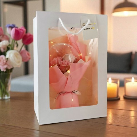 Bukiet zapachowych kwiatów mydlanych w torebce na prezent, kula, świecące LED - BUK14R