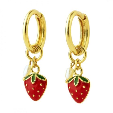 Kolczyki ze stali szlachetnej platerowane 14k złotem, TRUSKAWKI wiszące czerwone KST3406