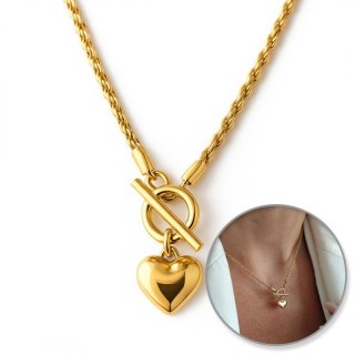 Naszyjnik SERCE stal szlachetna pozłacana 14k złotem, łańcuszek kordel NST2193