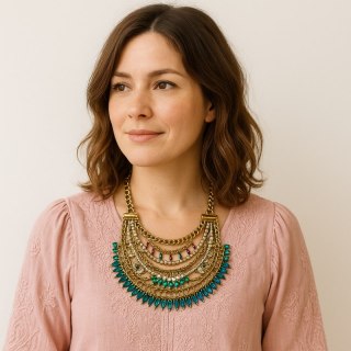 Naszyjnik kolia efektowny wachlarz błękit, stare złoto N32BŁ