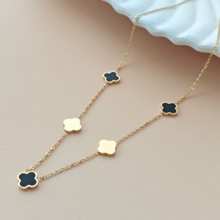 Naszyjnik stal szlachetna pozłacana 14k złotem, koniczynki czarne NST2194