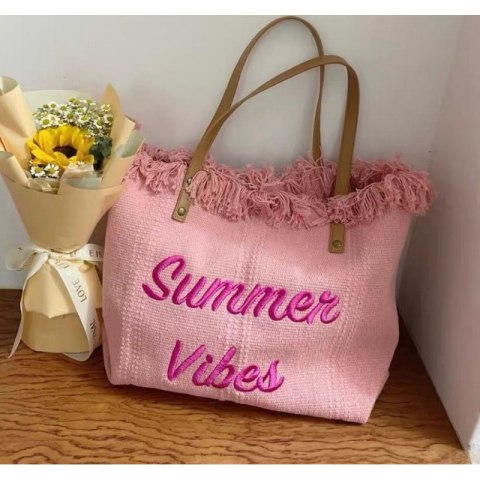 TORBA PLAŻOWA , na zakupy duża i pojemna z frędzlami BOHO, róż TP11R