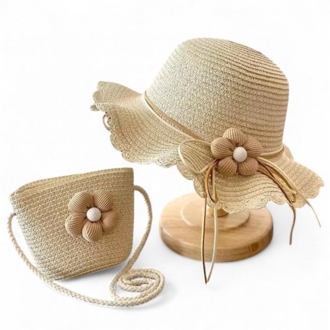 ZESTAW torebka i kapelusz 52cm dla dziewczynki słomiane KWIAT CZ55