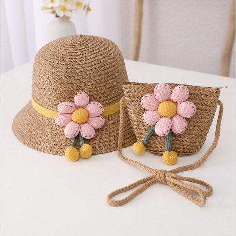 ZESTAW torebka i kapelusz 52cm dla dziewczynki słomiane kwiat CZ56