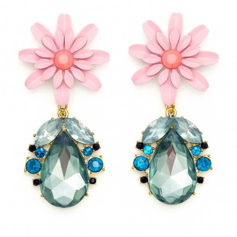 Efektowne kolczyki z kryształami niebieskimi i dużym różowym kwiatem K572