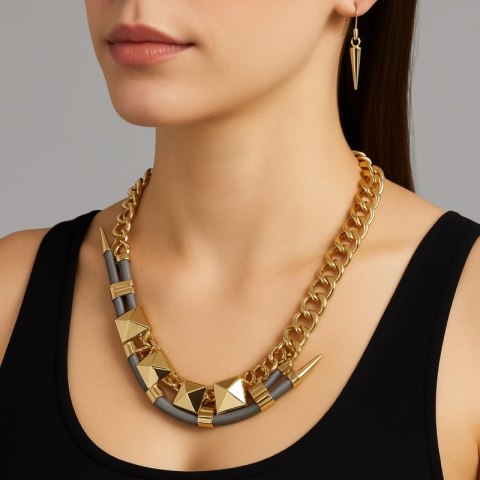 Kolia naszyjnik szpice, szara, złoty łańcuch N401