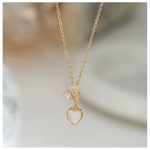 Naszyjnik stal szlachetna pozłacana 14k złotem - SERCE cyrkonie, masa perłowa NST2203