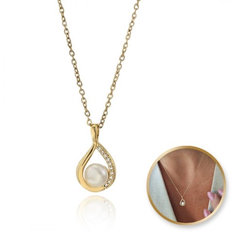 Naszyjnik stal szlachetna pozłacana 14k złotem - perła, cyrkonie NST2204