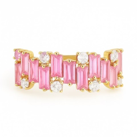 Pierścionek pozłacany stal chirurgiczna platerowana złotem, różowe cyrkonie PST853, Rozmiar pierścionków: US7 EU14