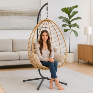 Fotel wiszący huśtawka, kokon składany brązowy z beżowymi poduszkami KR37BR