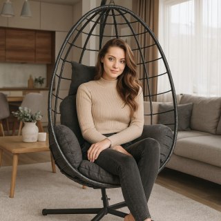 Fotel wiszący huśtawka, kokon składany czarny, antracyt z poduszkami KR37GRAF