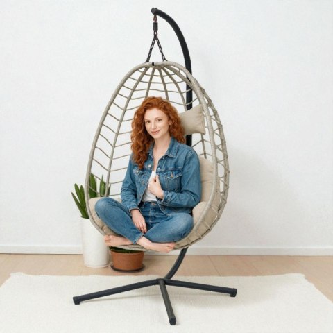 Fotel wiszący huśtawka, kokon składany szary z beżowymi poduszkami KR37SZ