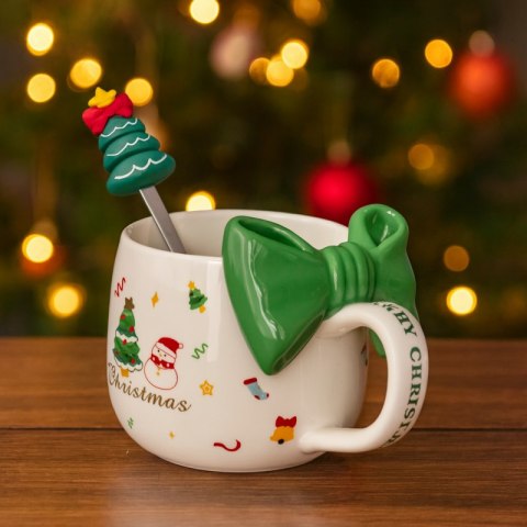 KUBEK ŚWIĄTECZNY Z KOKARDĄ - zestaw w pudełku z łyżeczką 400 ml KB25ZIE