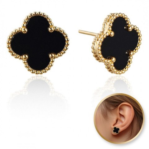 Kolczyki ze stali szlachetnej platerowane 14k złotem, sztyft, Koniczynka czarna KST3377