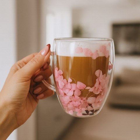 Szklanka termiczna z kwiatami w środku, gipsówka hortensje róż 300 ml 1szt SZK165